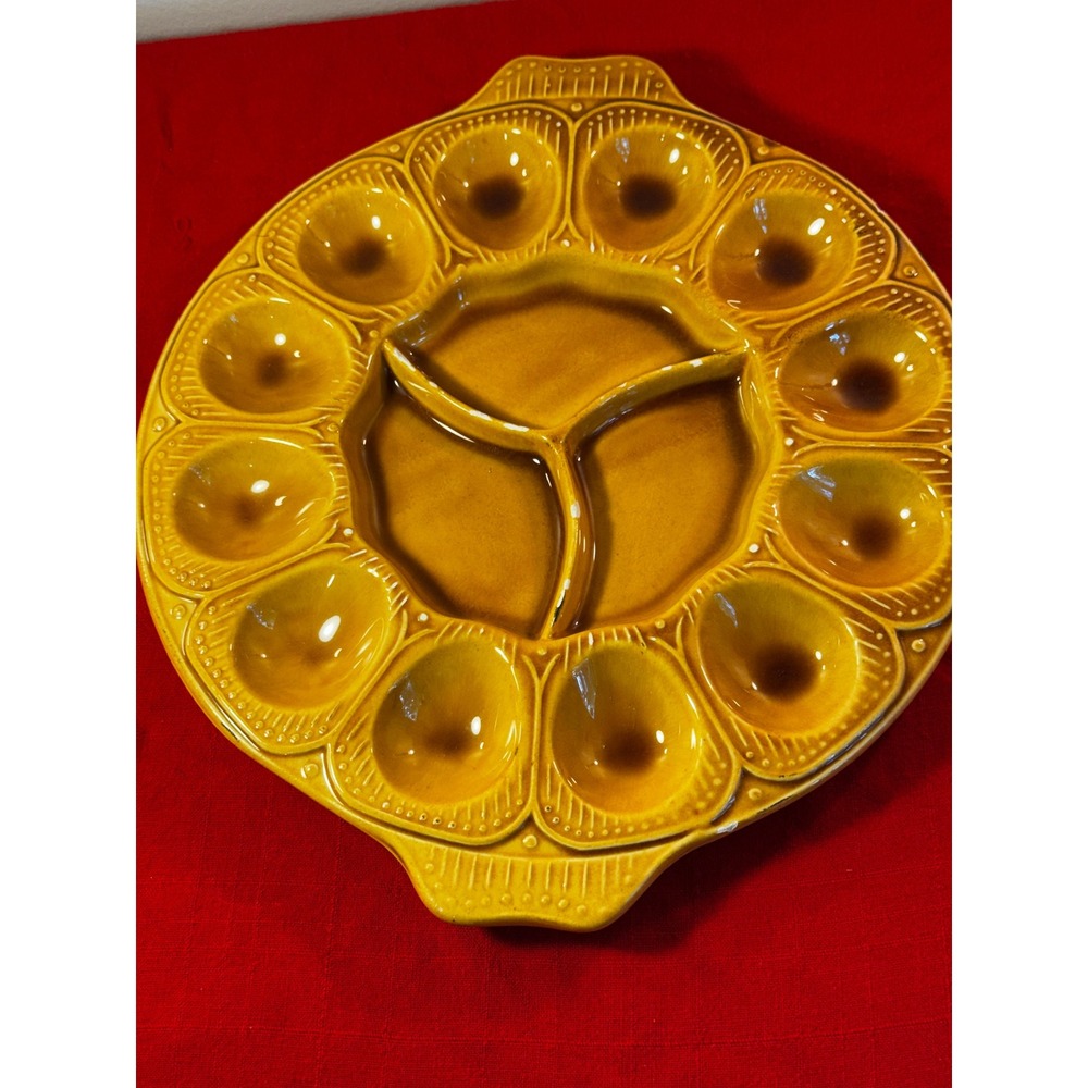 Vintage USA Pottery 3737 Deviled Egg Platter Mustard Yellow Ceramic Serving Tray
